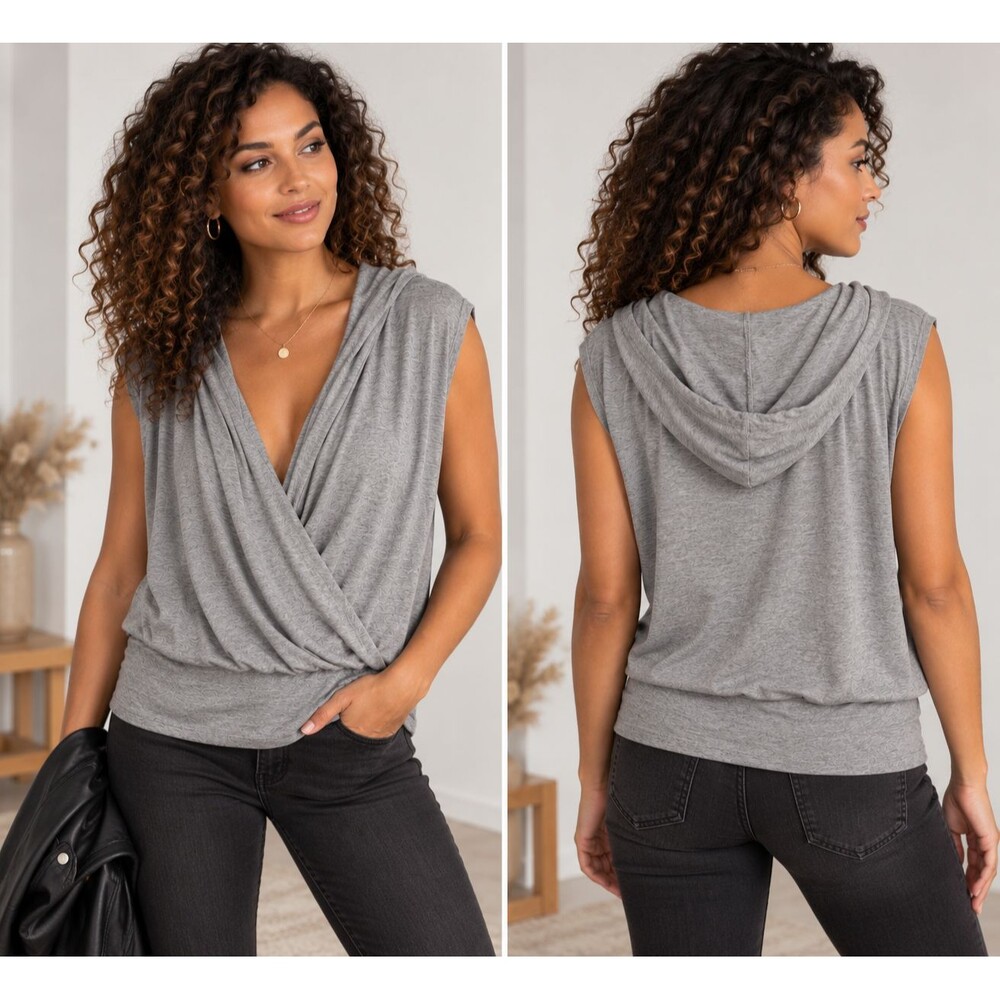 Michael Stars Draped Hood Surplice Top Size M Gray Rayon Stretch Sleeveless